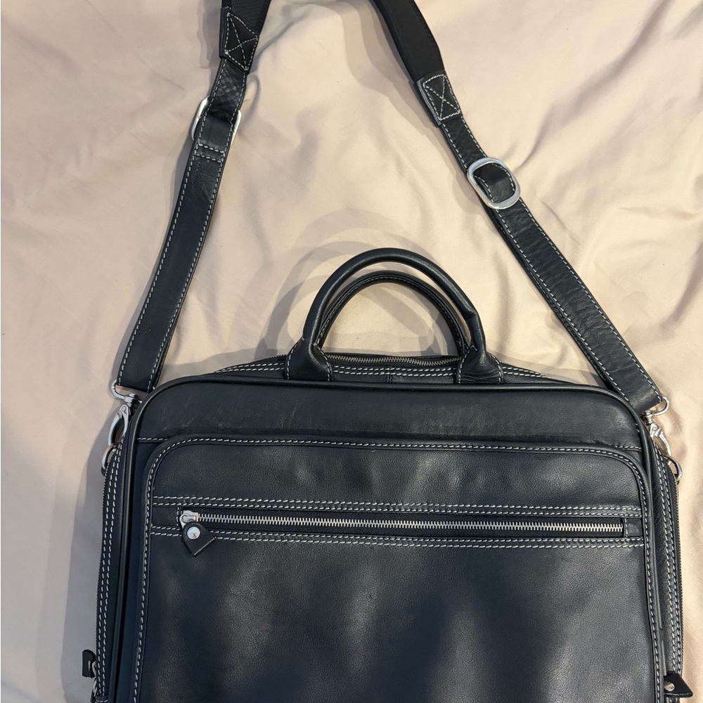 Black Leather Laptop Briefcase Bag w/Shoulder Strap - Contrast Stitch